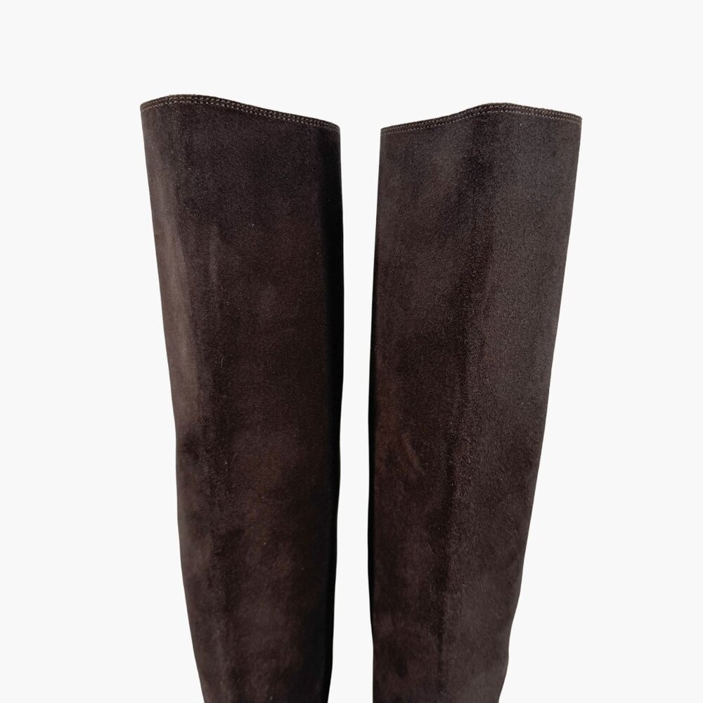 Chanel CC Dark Brown Suede Knee High Riding Boots Block Heel Size 37 US 6-6.5 - Picture 4 of 13